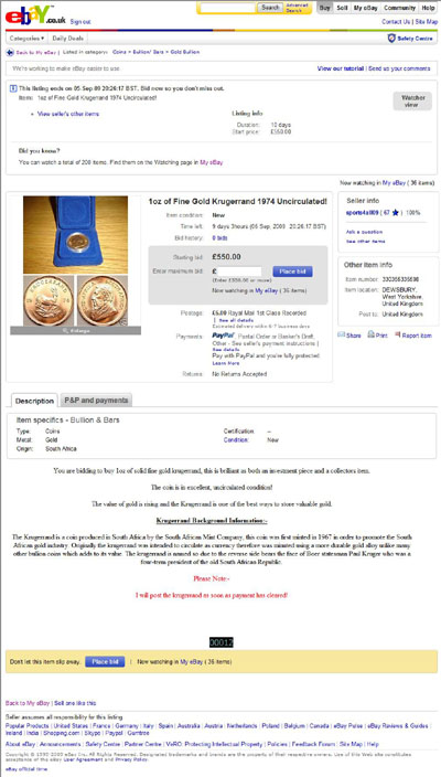 sports4all09 eBay Listing Using our 1974 Krugerrand photographs
